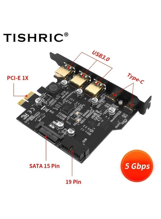 بطاقة توسعة PCIe USB سوداء 1X إلى Type E مع 3 منافذ USB 3.0 و 2 منفذ Type C، مزودة بمصدر طاقة مزدوج USB 3.2 الجيل الثاني بسرعة 5 جيجابت في الثانية، وتعمل بطاقة SATA لأجهزة الكمبيوتر المكتبية. - Image 5